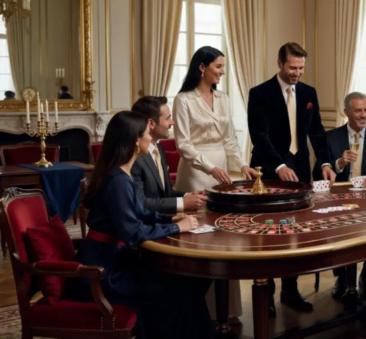Scène d’événement privé chic avec tables de jeux récréatifs et invités élégants