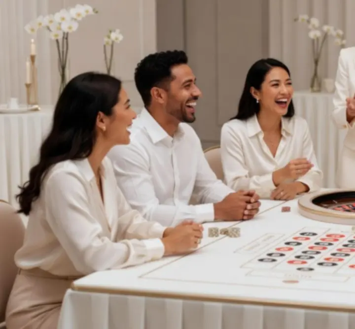 Invités rassemblés autour d’une table de roulette lors d’un événement, sourires et échanges